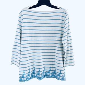 Talbots Women's M Medium Striped Boatneck Top 3/4 Sleeve Embroidered Hem Cotton